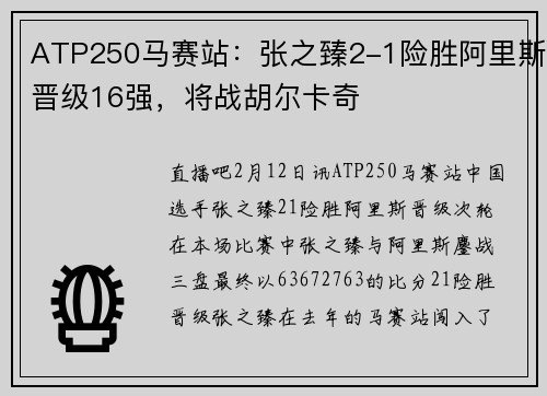 ATP250马赛站：张之臻2-1险胜阿里斯晋级16强，将战胡尔卡奇