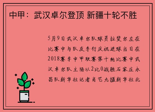 中甲：武汉卓尔登顶 新疆十轮不胜
