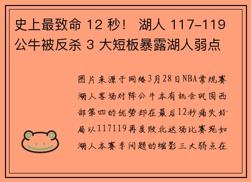 史上最致命 12 秒！ 湖人 117-119 公牛被反杀 3 大短板暴露湖人弱点