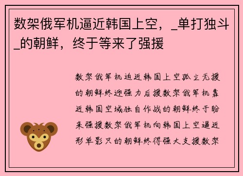 数架俄军机逼近韩国上空，_单打独斗_的朝鲜，终于等来了强援