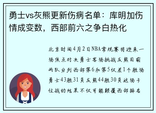 勇士vs灰熊更新伤病名单：库明加伤情成变数，西部前六之争白热化