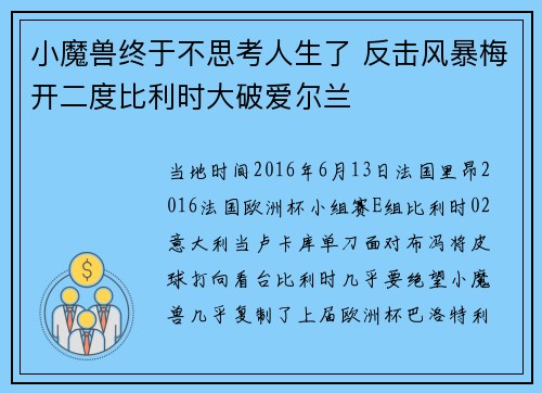 小魔兽终于不思考人生了 反击风暴梅开二度比利时大破爱尔兰