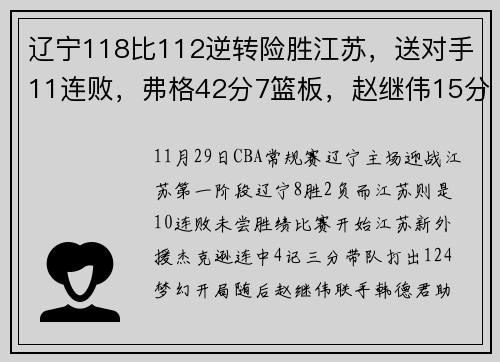 辽宁118比112逆转险胜江苏，送对手11连败，弗格42分7篮板，赵继伟15分11助攻