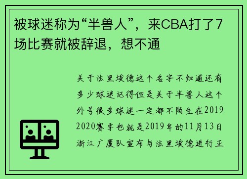 被球迷称为“半兽人”，来CBA打了7场比赛就被辞退，想不通